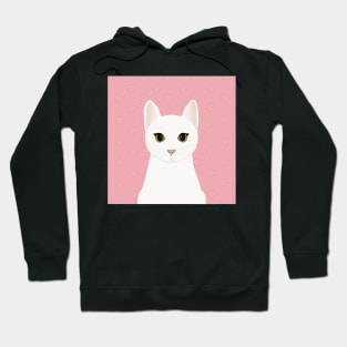 The cute white cat queen is watching you , white feathers and small kitten footsteps in the pink background Hoodie